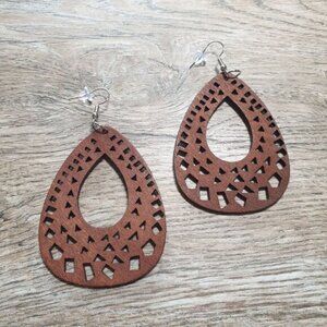 Wooden Earrings Teardrop Cutout Geometric Tribal Design Women Hook Laser Cut